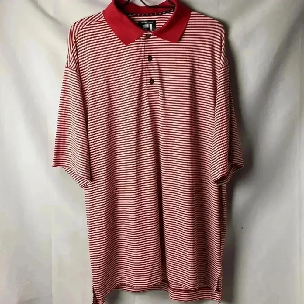 FOOTJOY MENS SIZE LARGE RED AND WHITE STRIPE POLO SHIRT POLYESTER SPANDEX - Picture 2 of 13